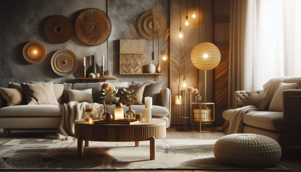 Modern living luxury concrete living room with lights and cozy sofa