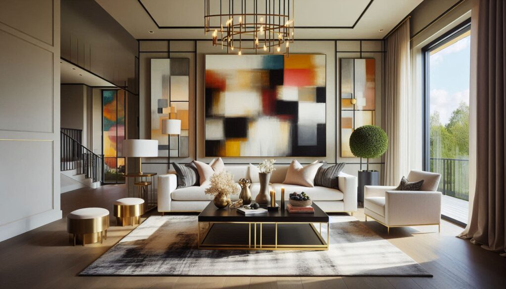 Living room with a neutral tones and a pop of color