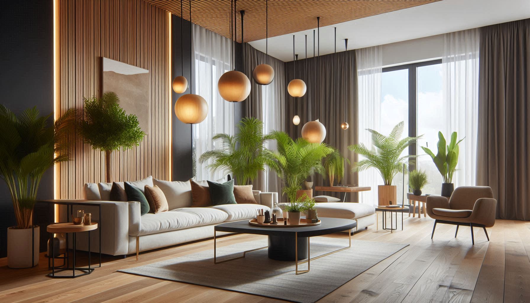 Modern living room with natural and sustainable materials for home decor