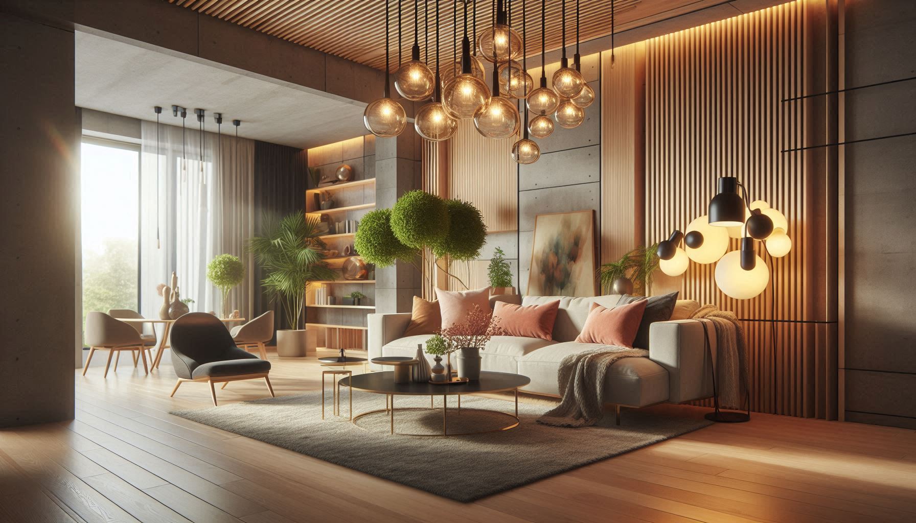 Modern living room with energy efficient lighting