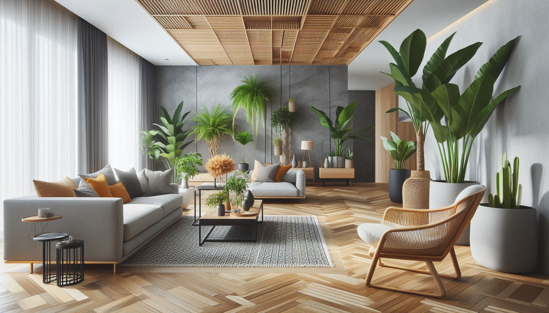Modern living room with plants for natural beauty and sustainable flooring