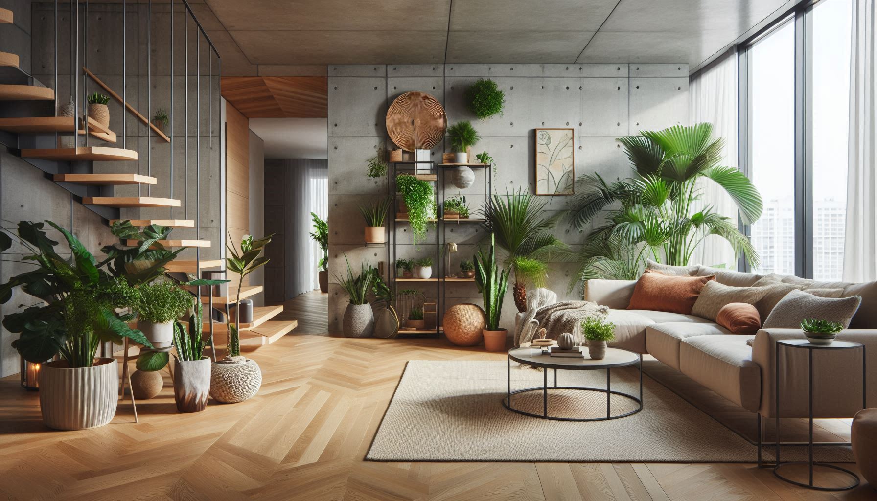 Modern living room with plants for natural beauty and air purification