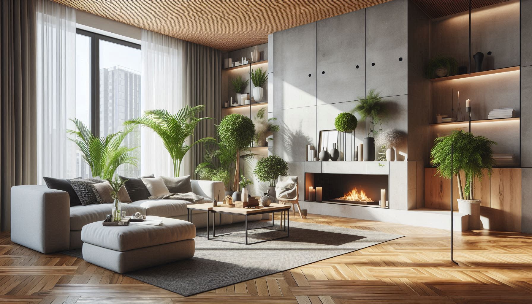 Modern living room with sustainable floorings and nont-toxic paints for walls